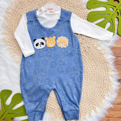 Conj. Body Manga Longa e Jardineira Suedine - Leão, Panda e Onça - Off White e Azul Jeans